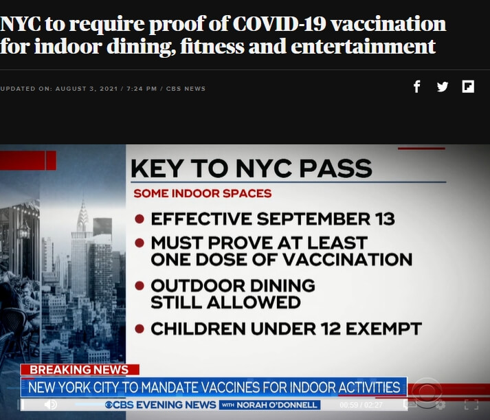 美国快讯：纽约市宣布不打疫苗不能堂食、不能进健身房！1