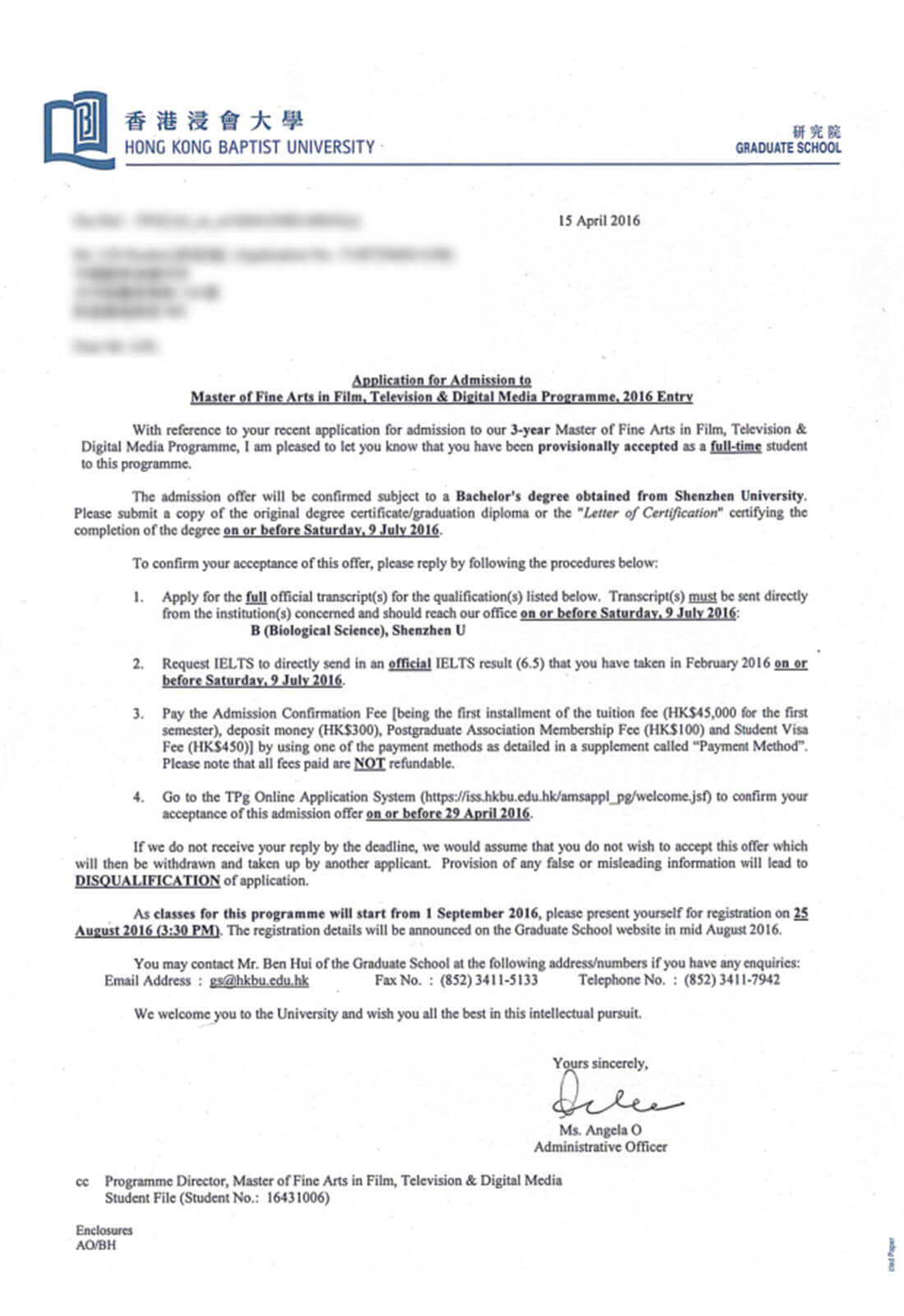 中国香港浸会大学硕士专业offer